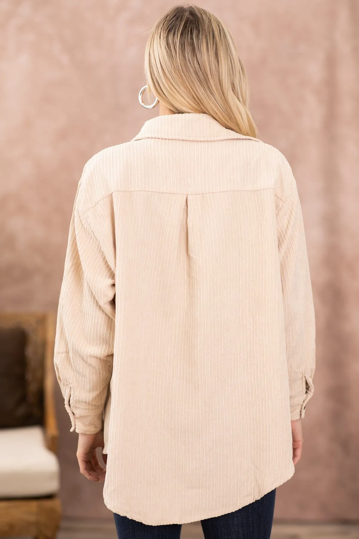 Tan Crochet Detail Corduroy Shacket