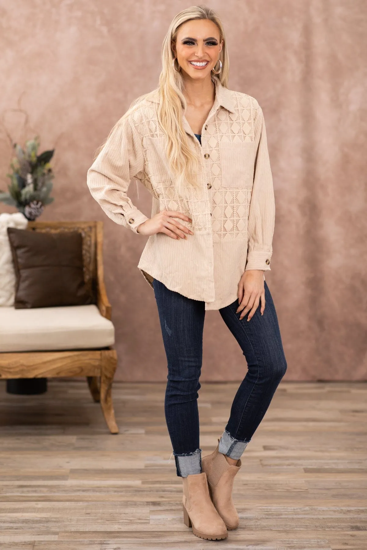 Tan Crochet Detail Corduroy Shacket