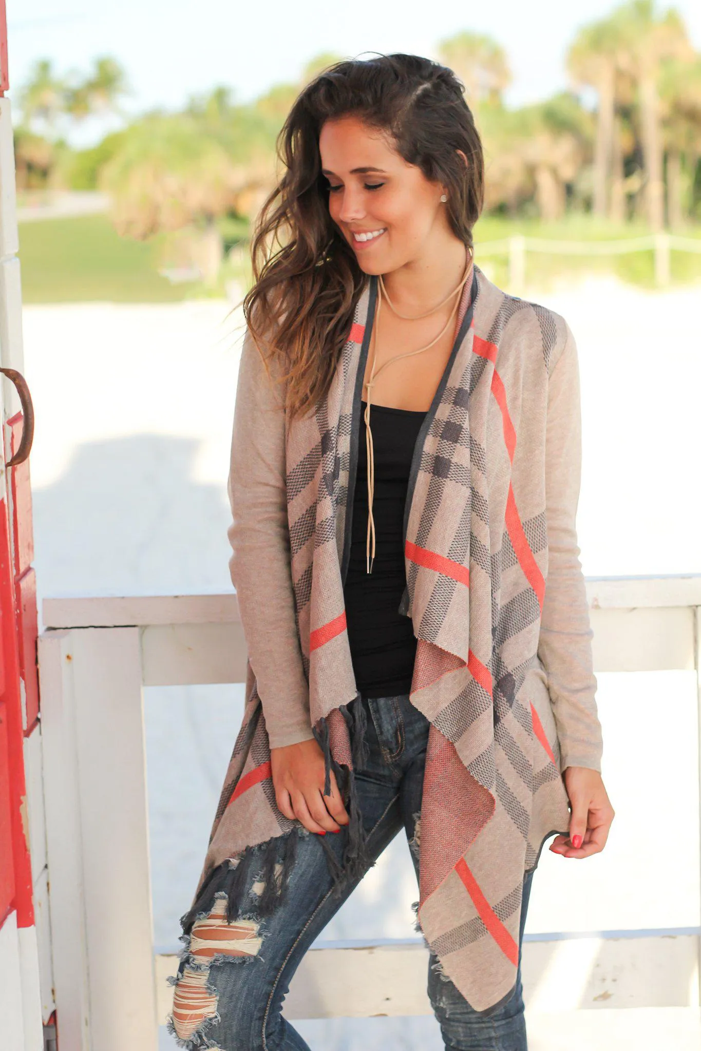 Tan Plaid Cardigan with Tassels