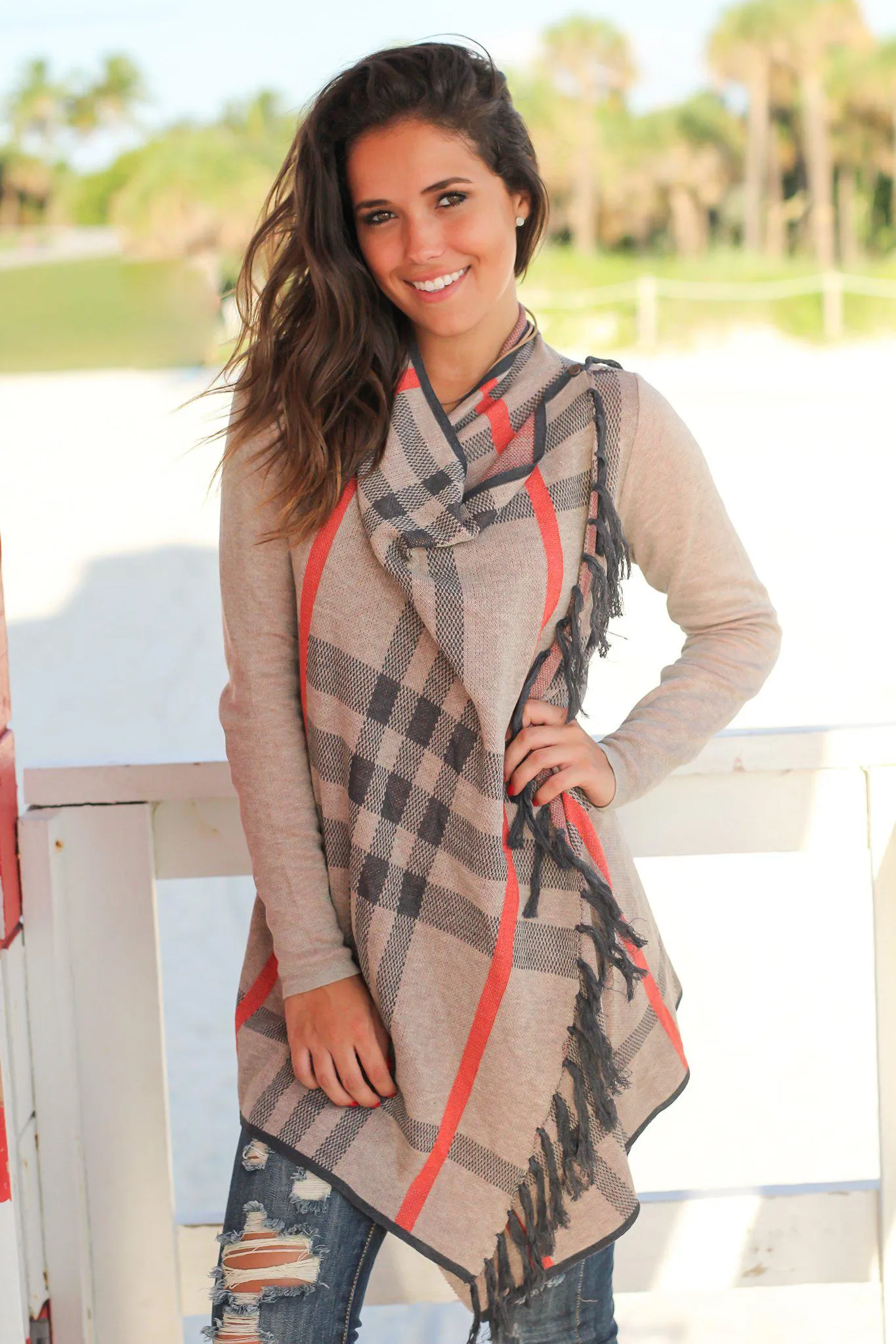 Tan Plaid Cardigan with Tassels