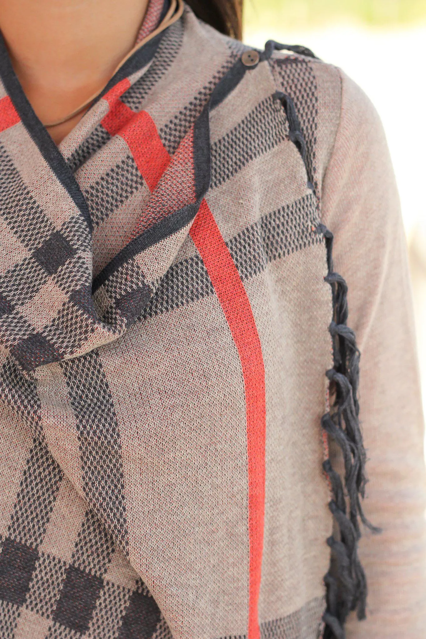 Tan Plaid Cardigan with Tassels