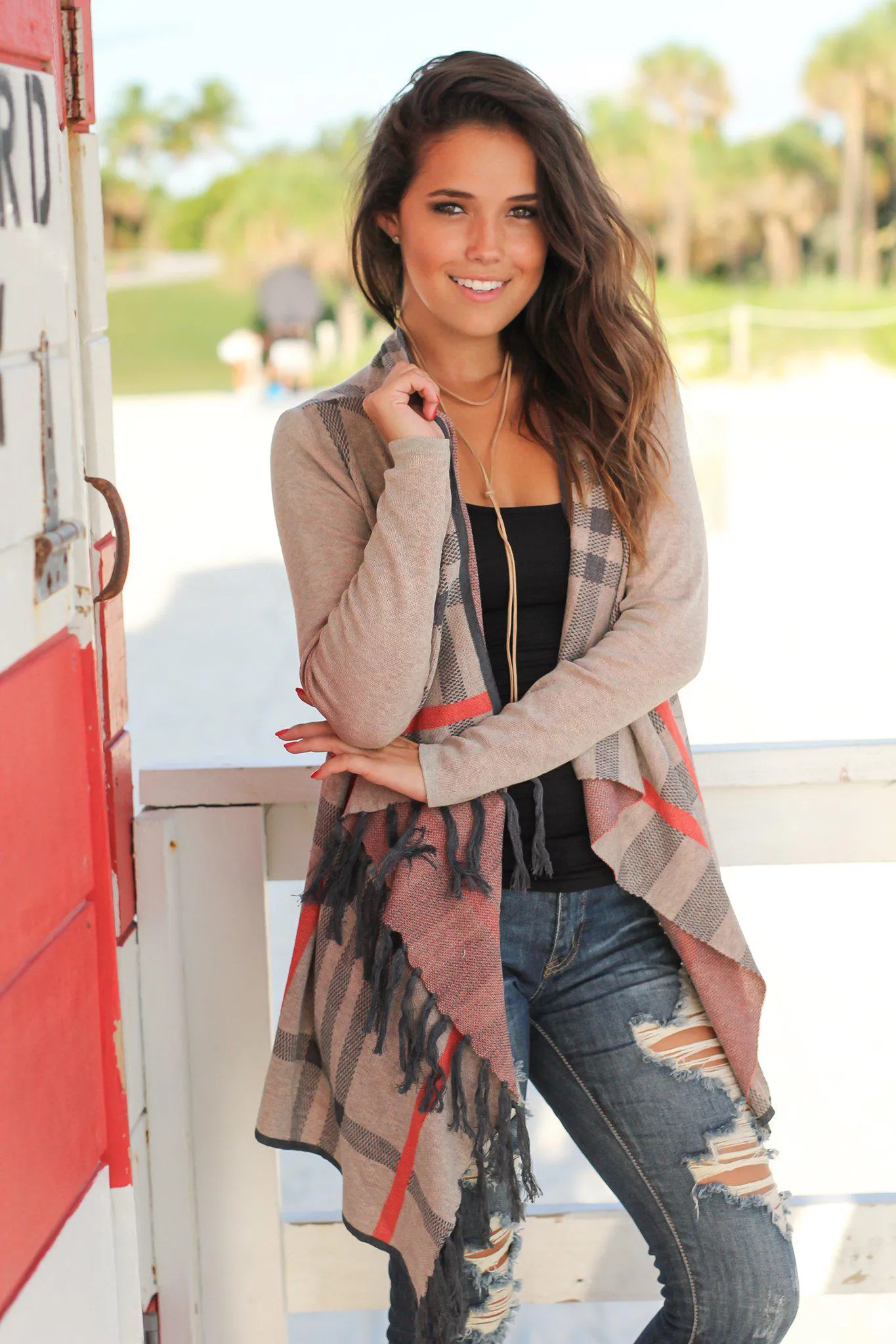Tan Plaid Cardigan with Tassels