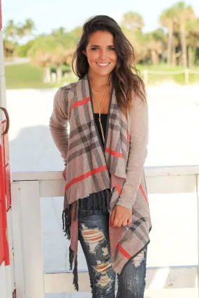 Tan Plaid Cardigan with Tassels