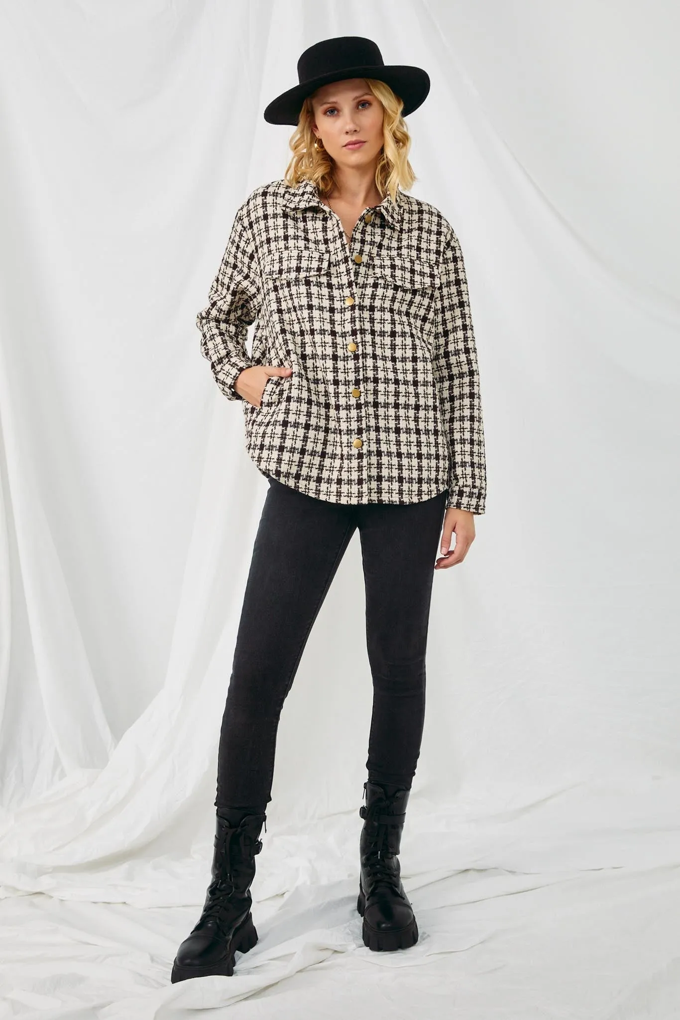 Textured Checker Side Pocket Shacket