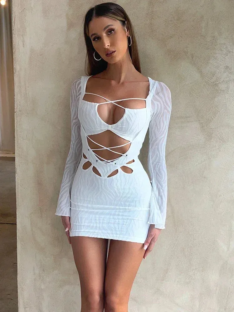 Textured Lace Up Bandage Long Sleeve Bodycon Mini Dress
