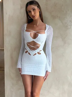 Textured Lace Up Bandage Long Sleeve Bodycon Mini Dress