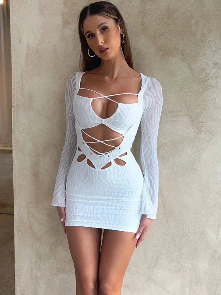 Textured Lace Up Bandage Long Sleeve Bodycon Mini Dress