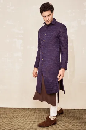 Textured Shacket with Polo Neck Kurta & White Trousers