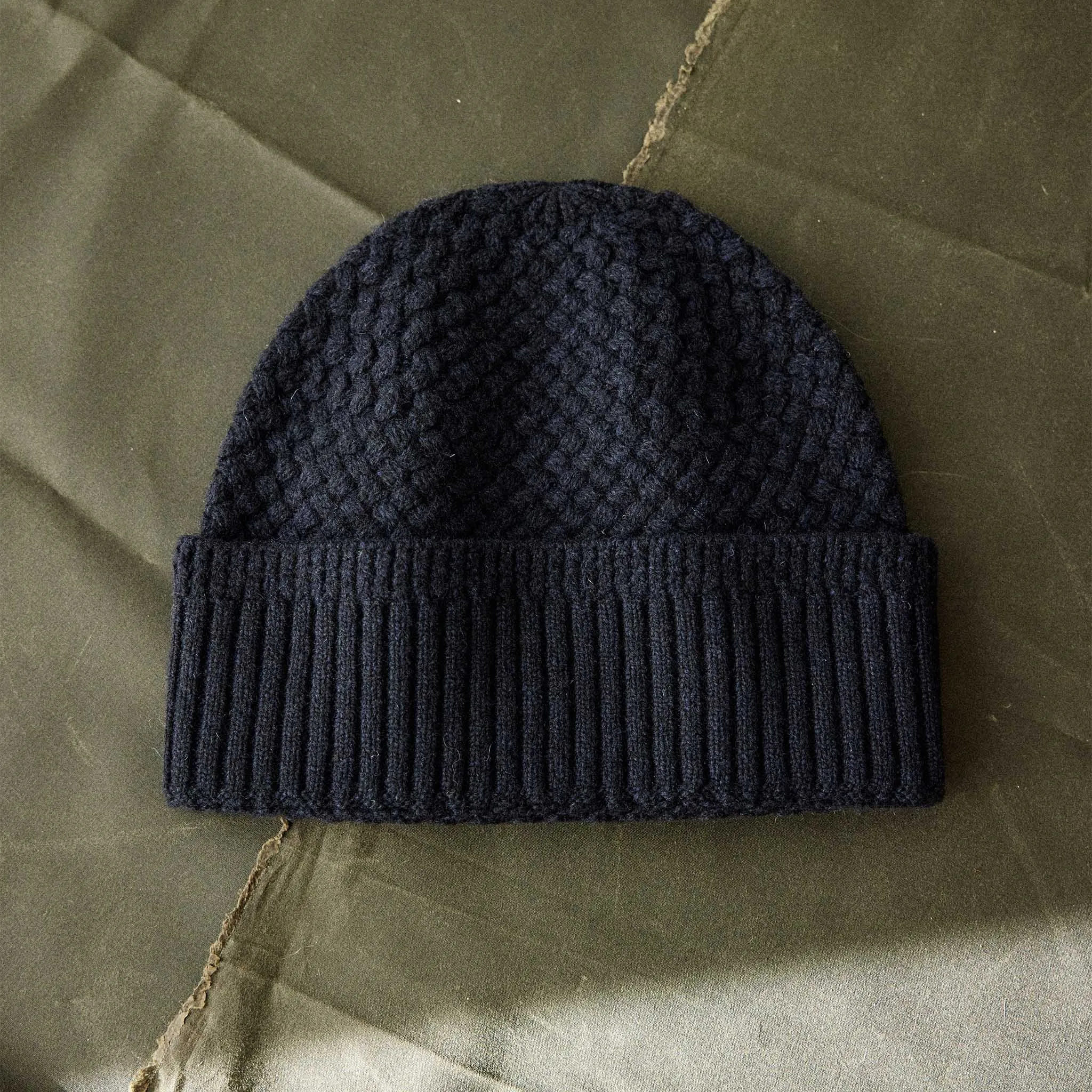 The Textured Knit Beanie in Heather Navy Merino