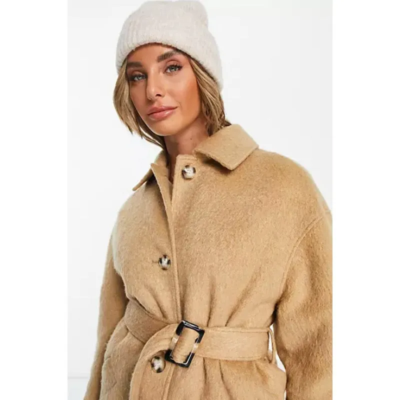 TOPSHOP Women's Brushed Shacket Size 2 Tan Camel Belted Long Sleeve NWT