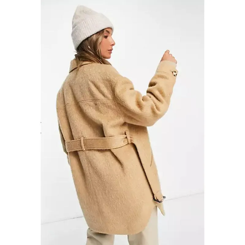 TOPSHOP Women's Brushed Shacket Size 2 Tan Camel Belted Long Sleeve NWT