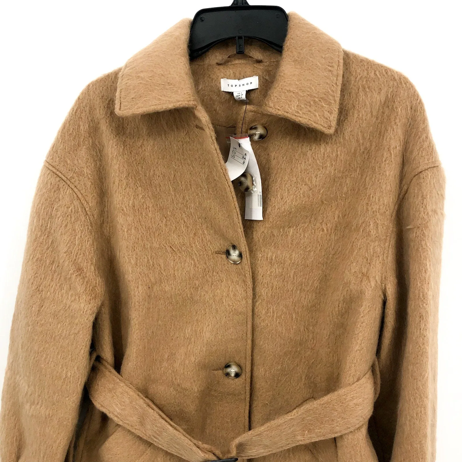 TOPSHOP Women's Brushed Shacket Size 2 Tan Camel Belted Long Sleeve NWT