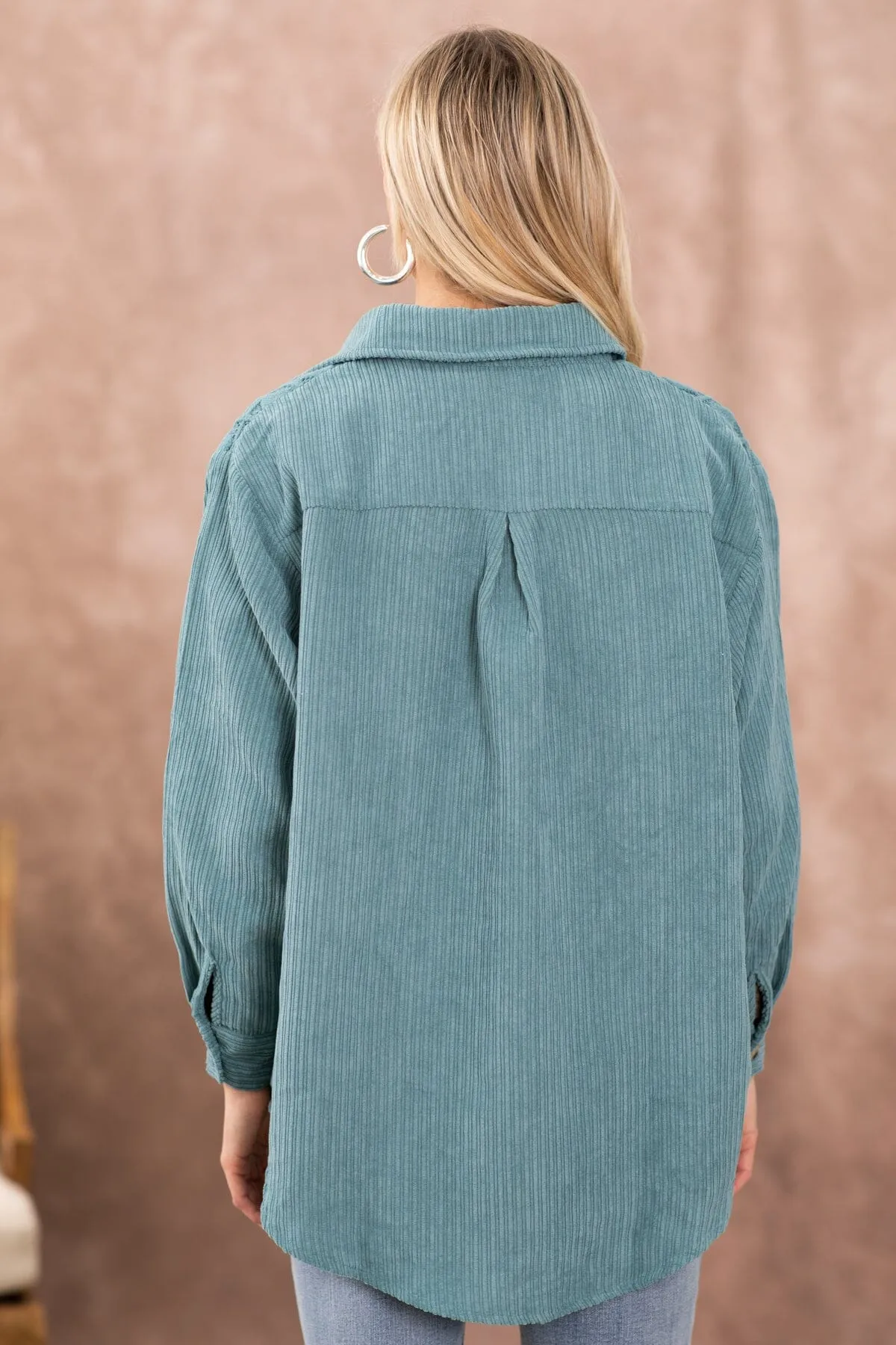 Turquoise Crochet Detail Corduroy Shacket