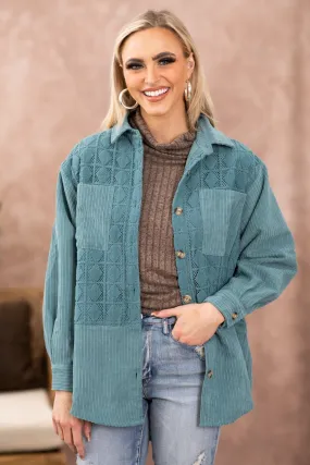 Turquoise Crochet Detail Corduroy Shacket