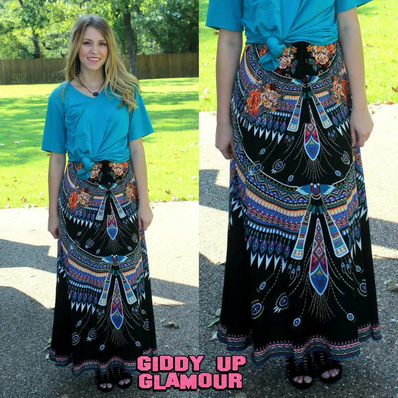Unique Vibes Floral & Aztec Print Maxi Skirt in Black