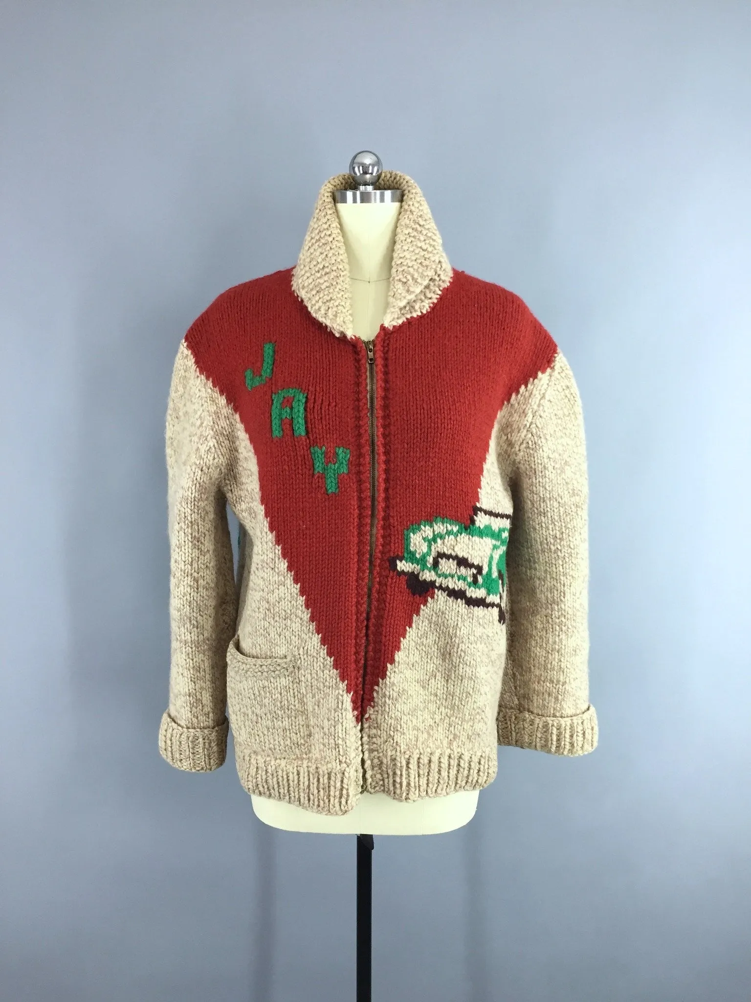 Vintage 1950s Wool Cowichan Race Car "JAY" Cardigan Sweater