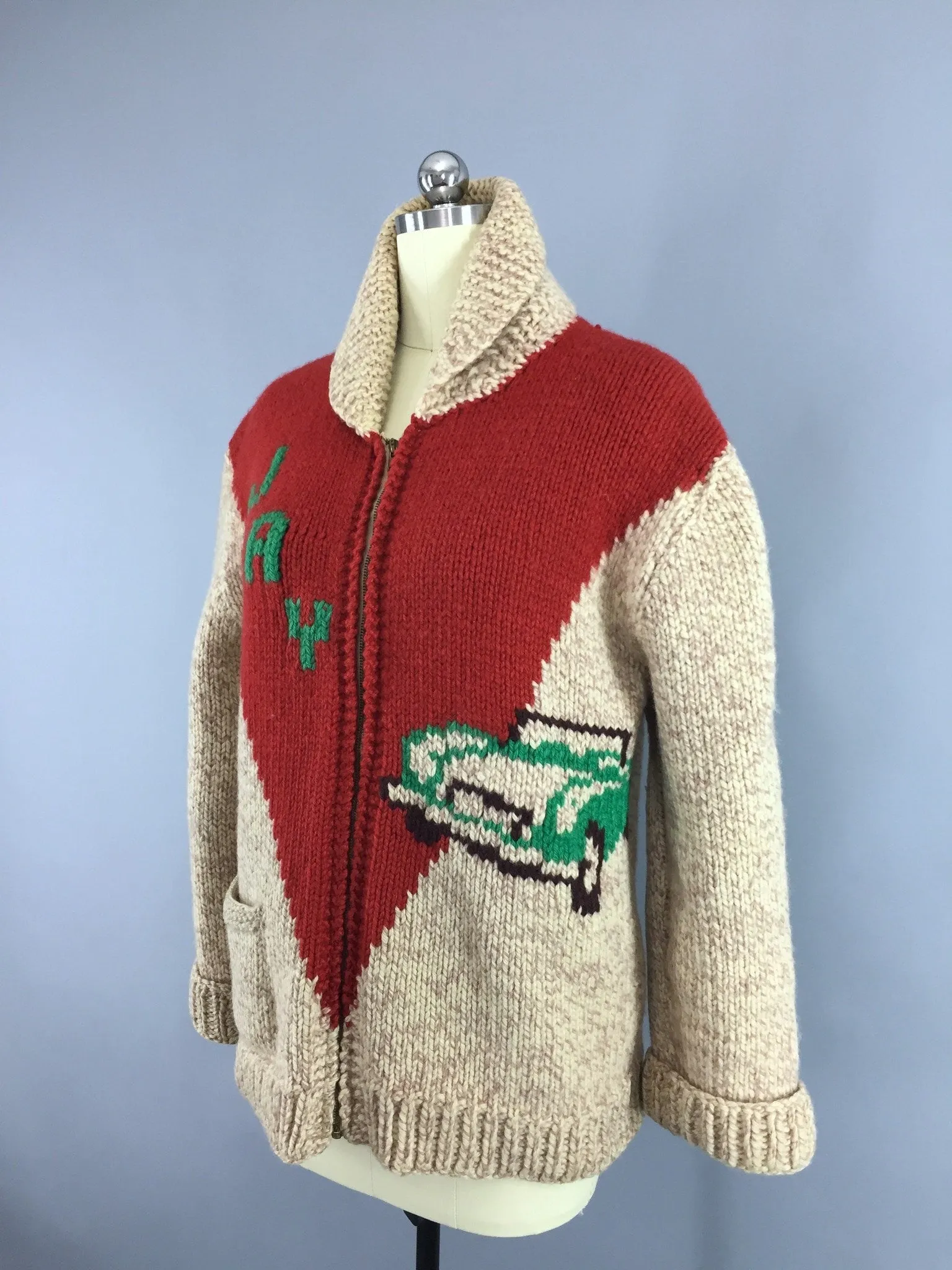 Vintage 1950s Wool Cowichan Race Car "JAY" Cardigan Sweater