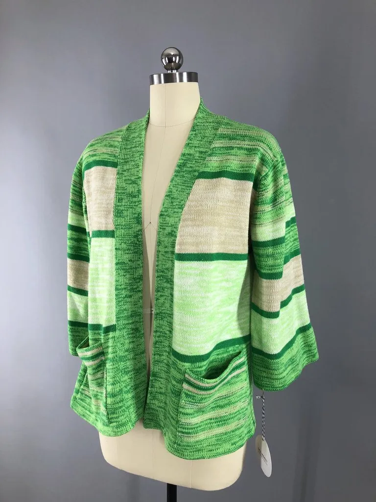 Vintage 1970s Green Striped Cardigan Sweater