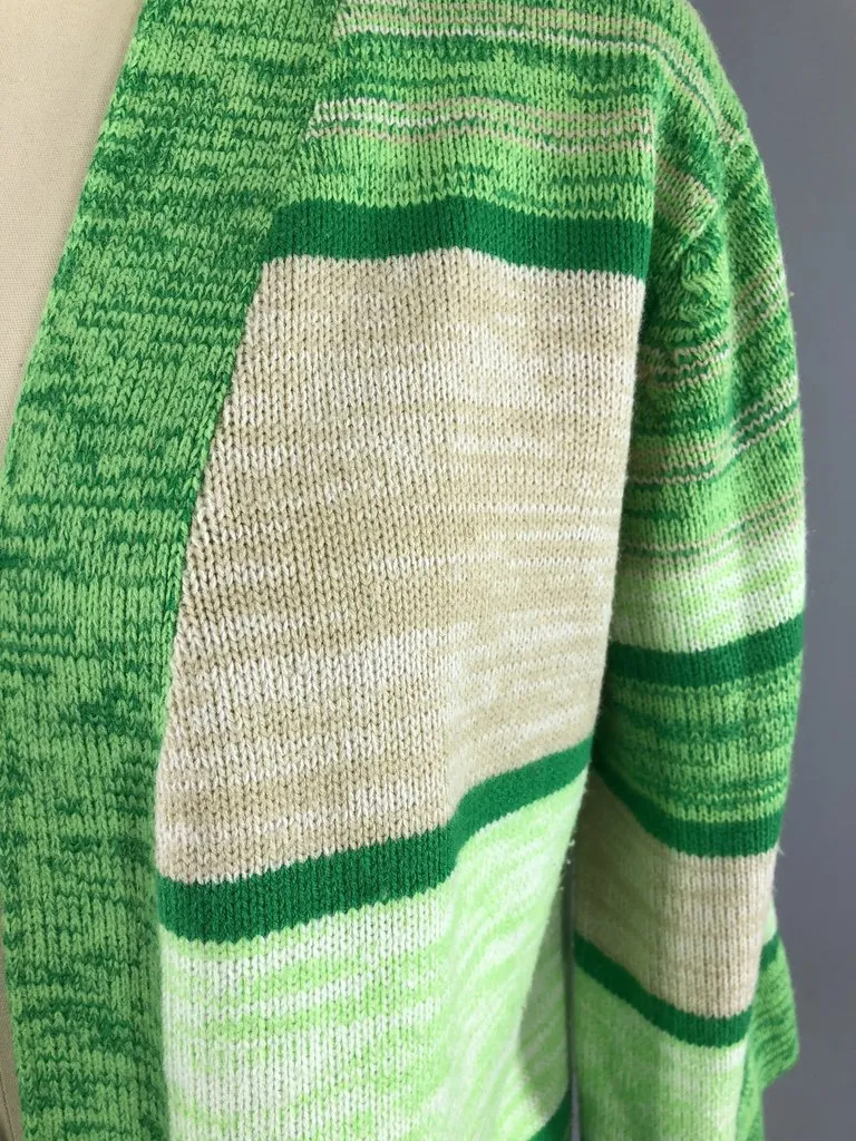 Vintage 1970s Green Striped Cardigan Sweater
