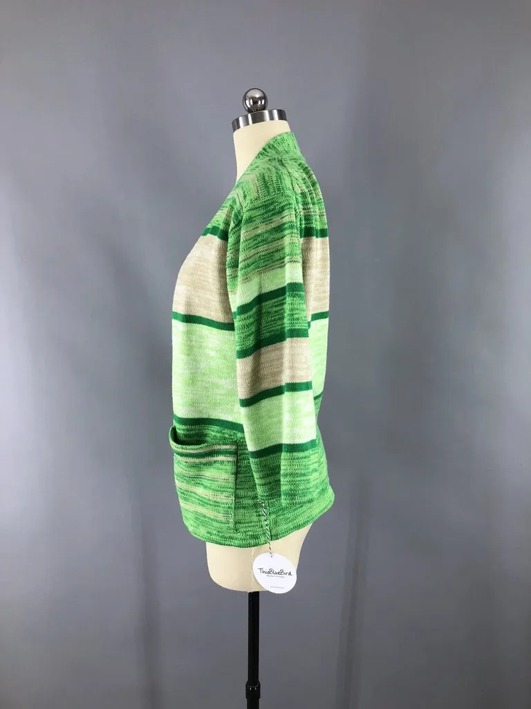 Vintage 1970s Green Striped Cardigan Sweater