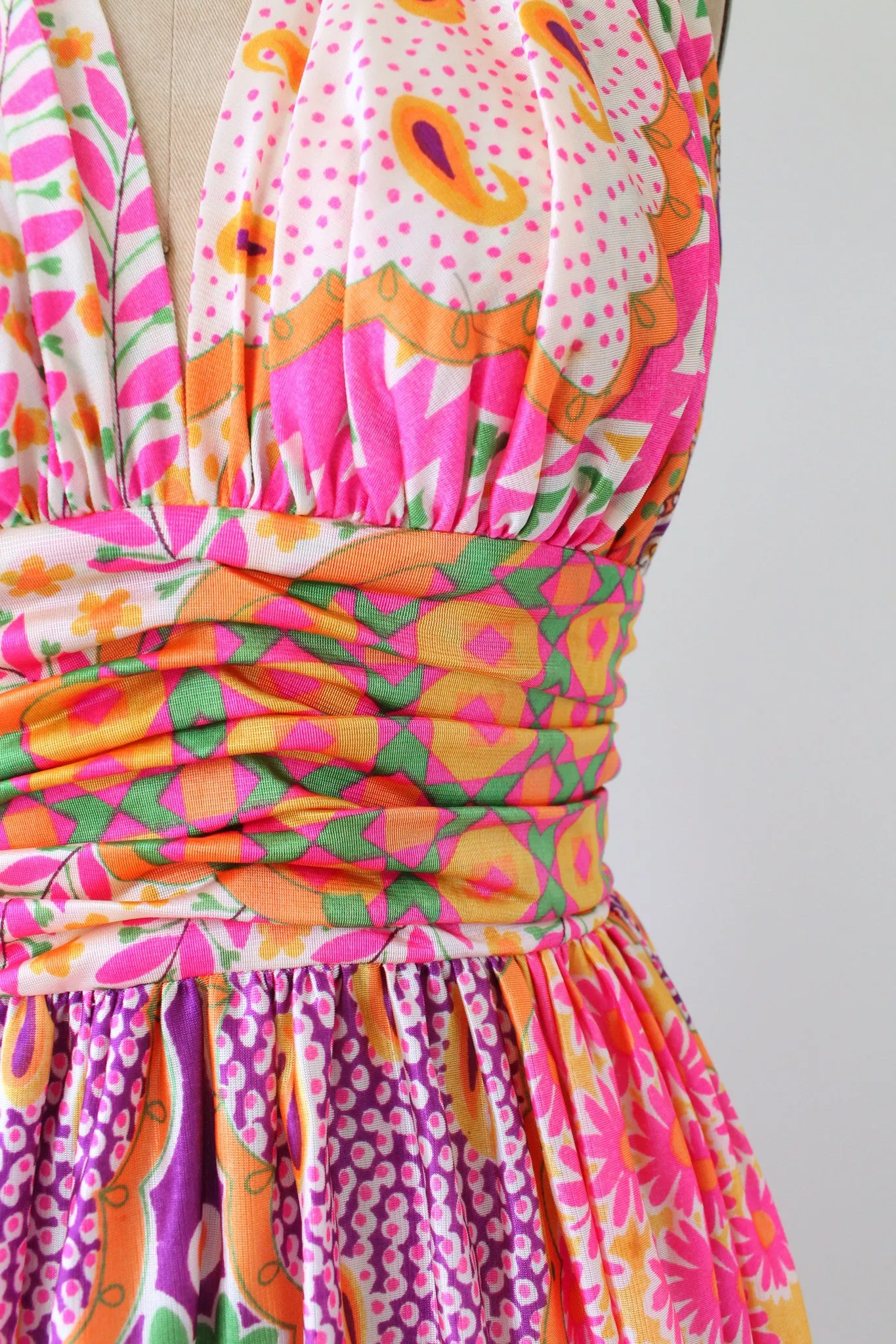 Vintage 1970s Scarf Print Halter Maxi Dress and Shawl
