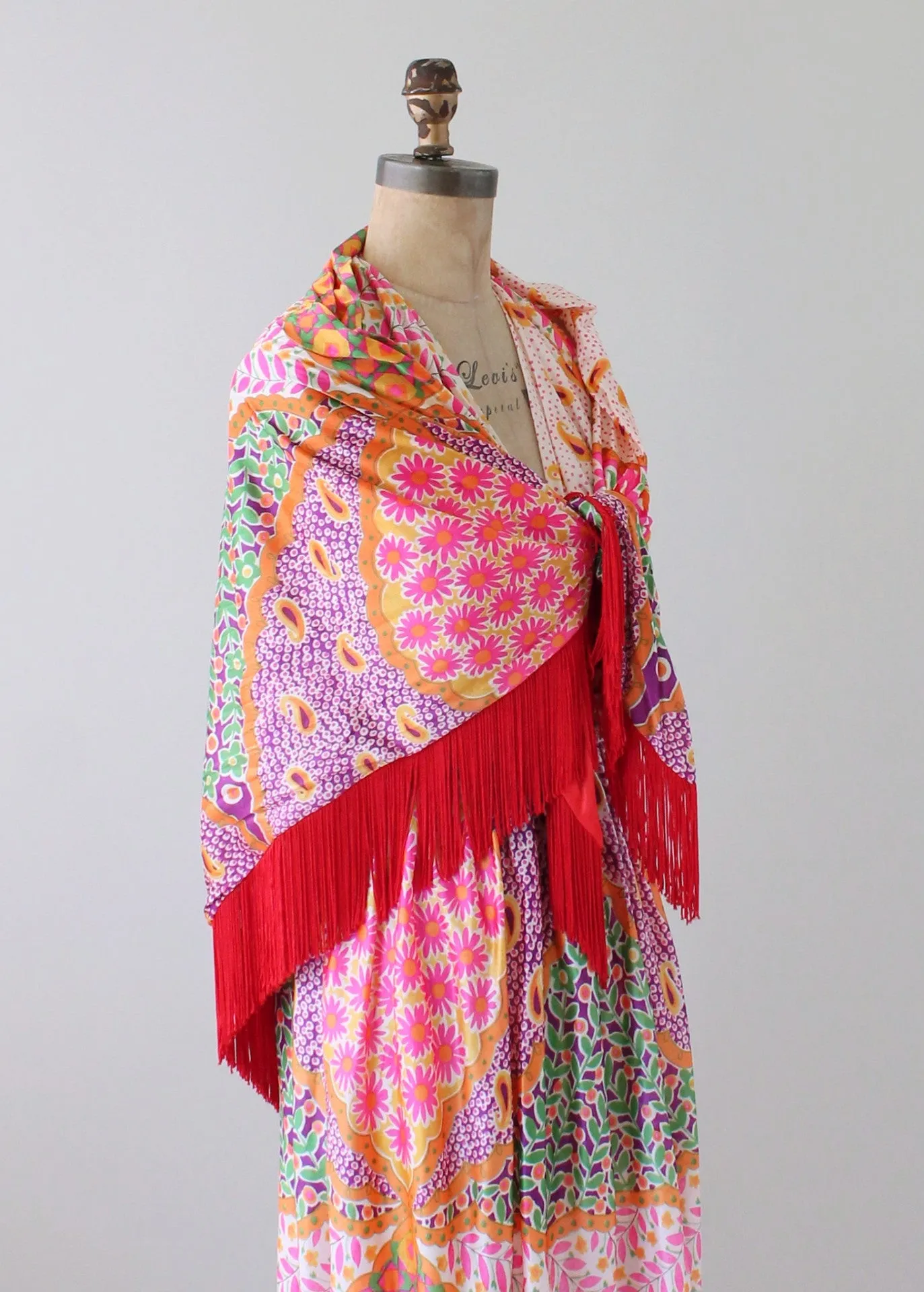 Vintage 1970s Scarf Print Halter Maxi Dress and Shawl