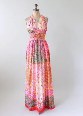 Vintage 1970s Scarf Print Halter Maxi Dress and Shawl