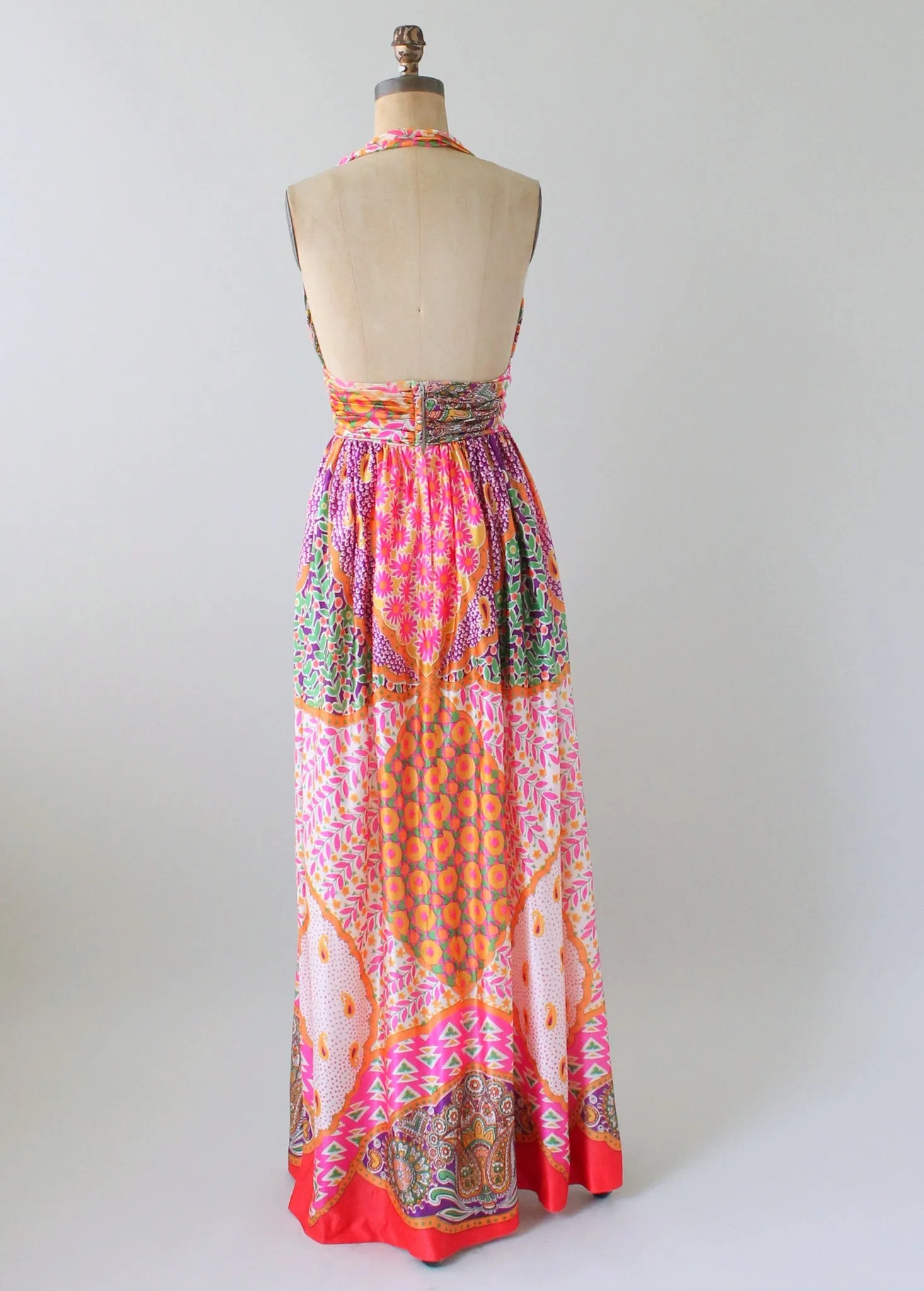 Vintage 1970s Scarf Print Halter Maxi Dress and Shawl