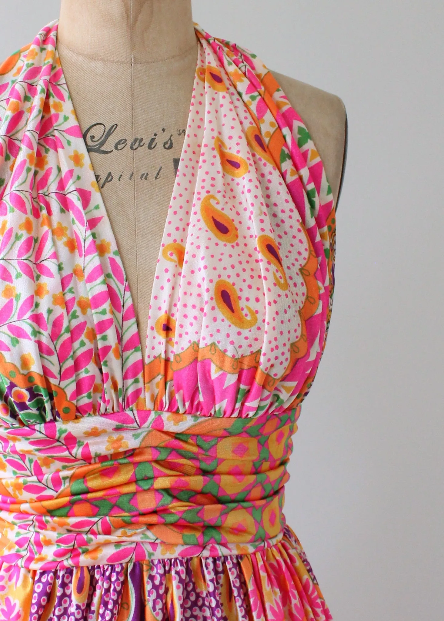 Vintage 1970s Scarf Print Halter Maxi Dress and Shawl