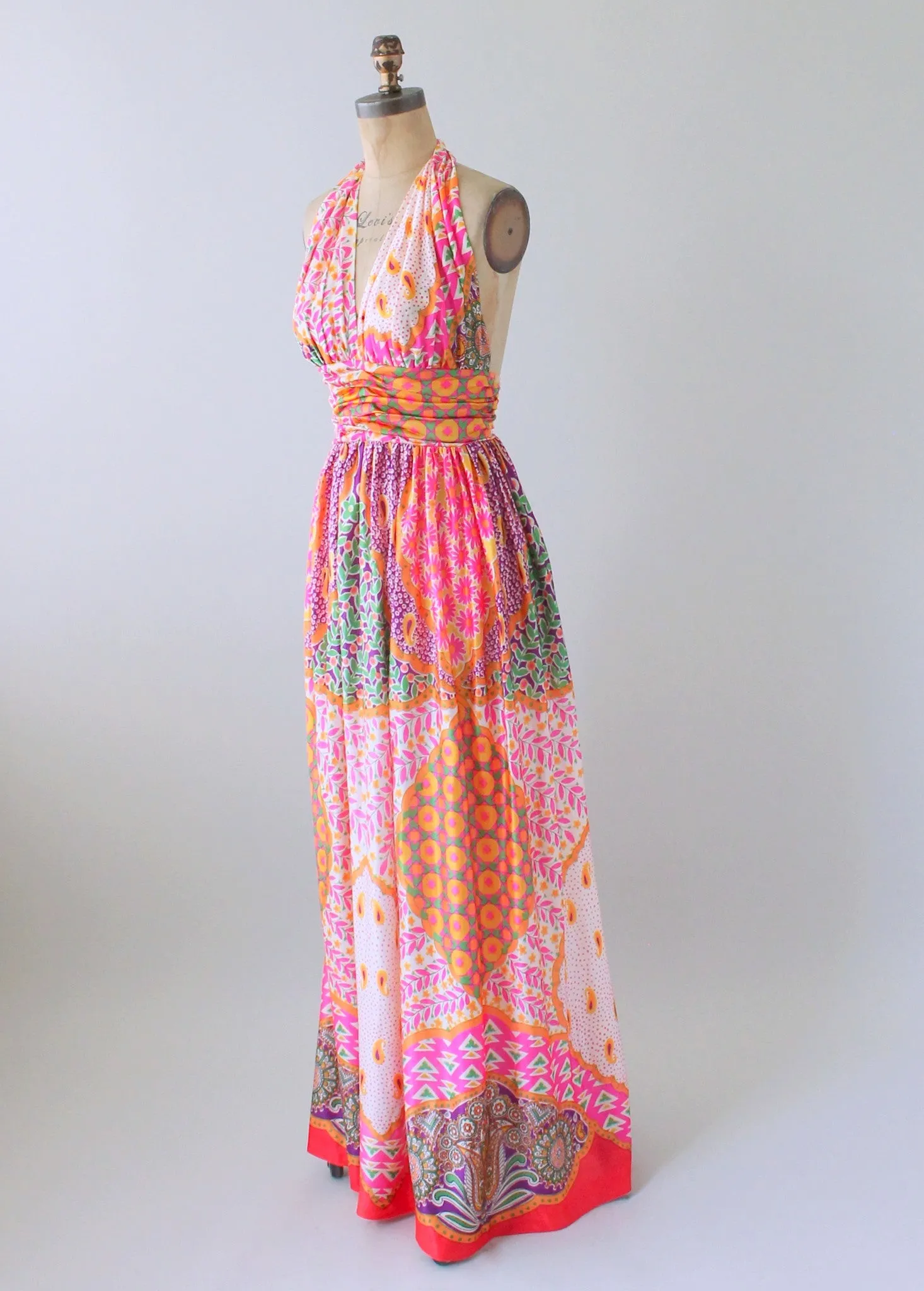 Vintage 1970s Scarf Print Halter Maxi Dress and Shawl