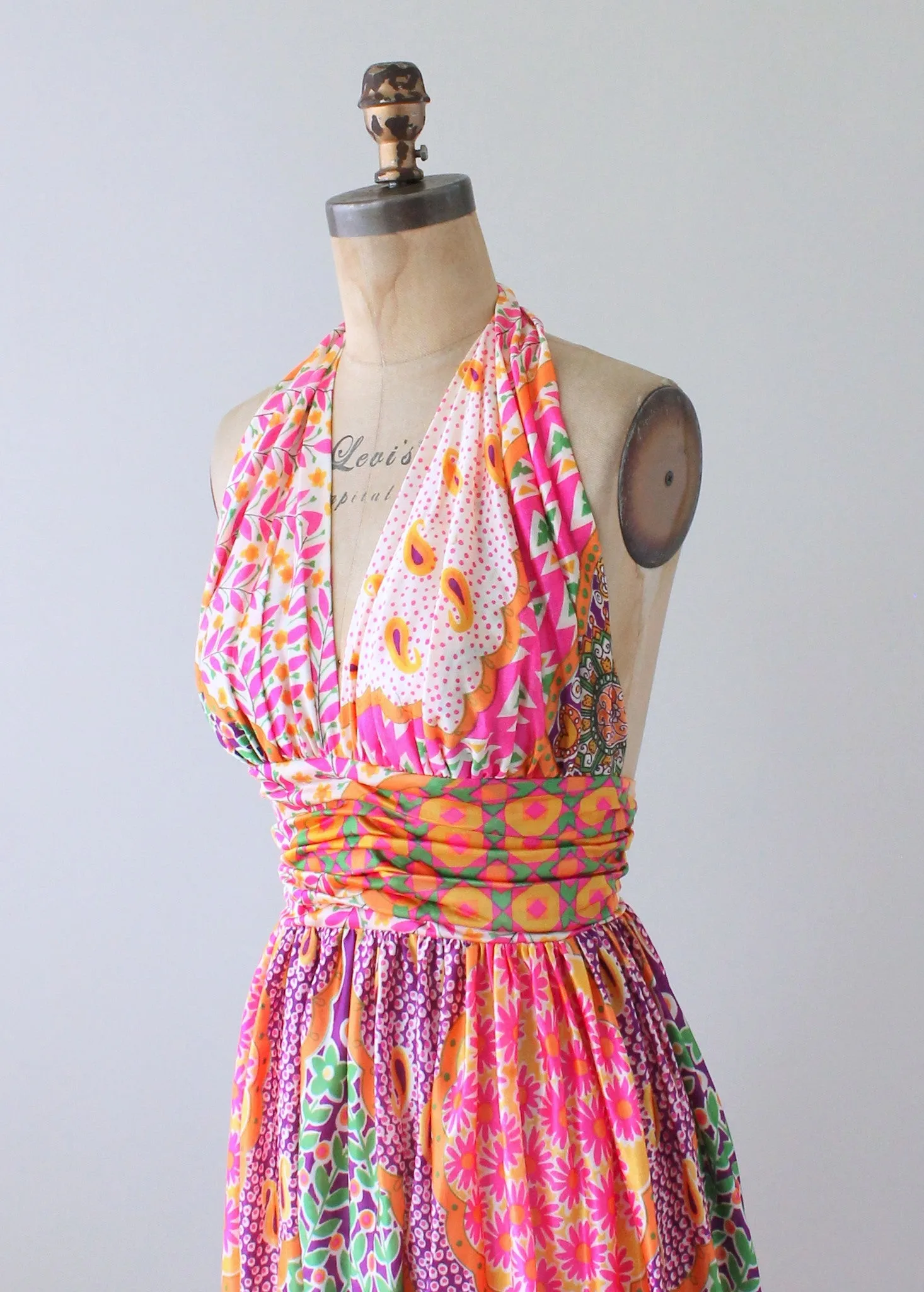 Vintage 1970s Scarf Print Halter Maxi Dress and Shawl