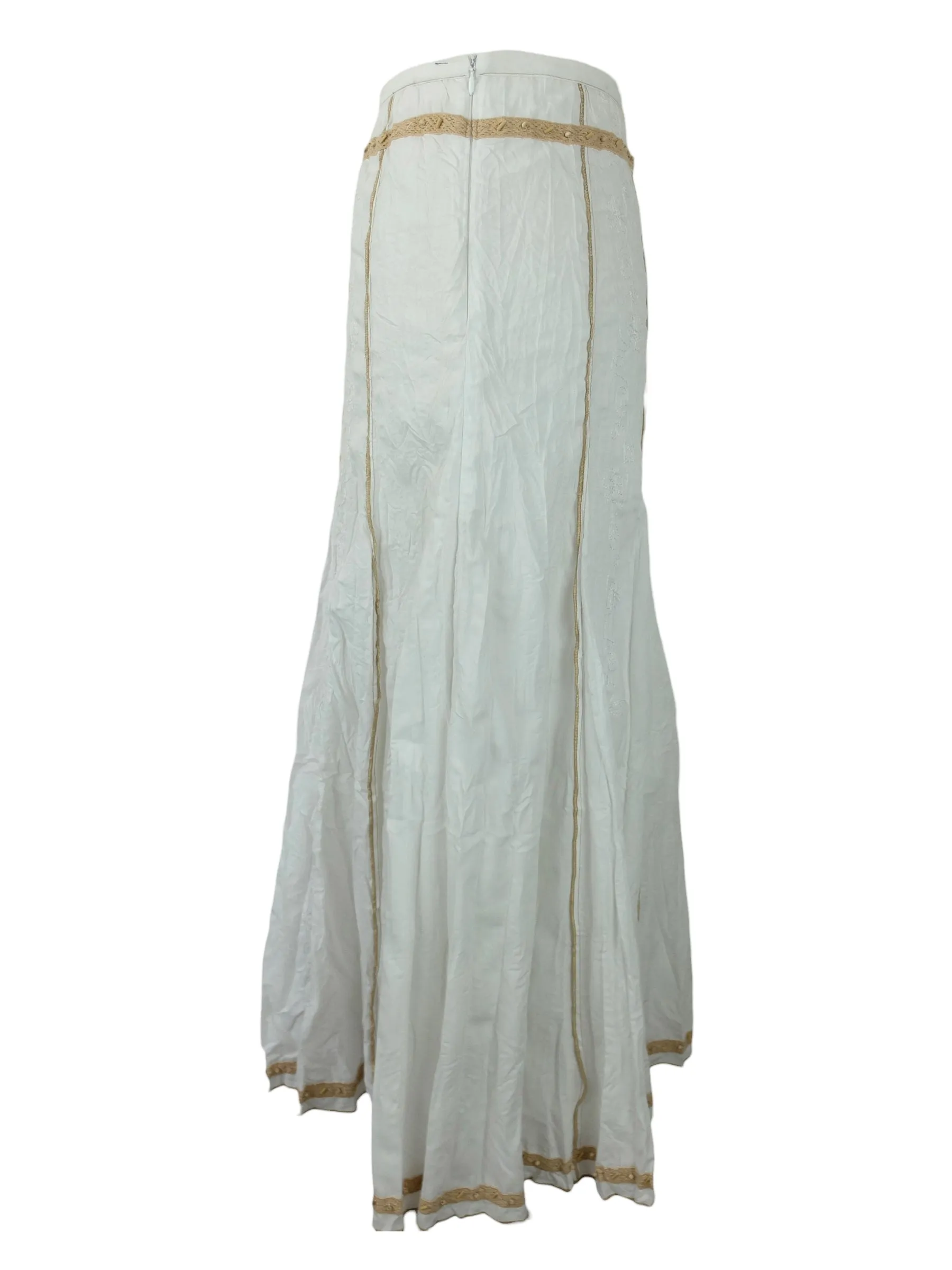Vintage 2000s Y2K Hippie Milkmaid Cottage Prairie Low Rise White & Beige Crinkle Maxi Skirt | Size S