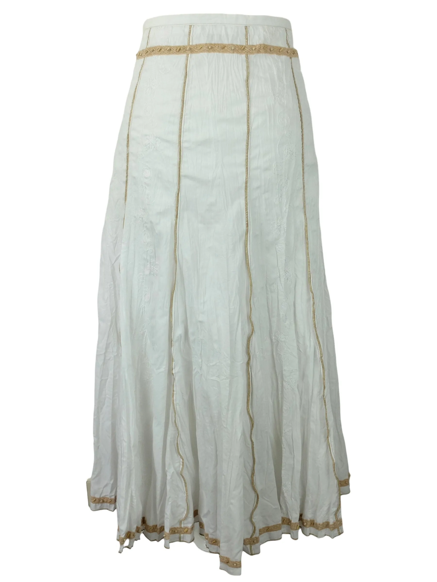 Vintage 2000s Y2K Hippie Milkmaid Cottage Prairie Low Rise White & Beige Crinkle Maxi Skirt | Size S