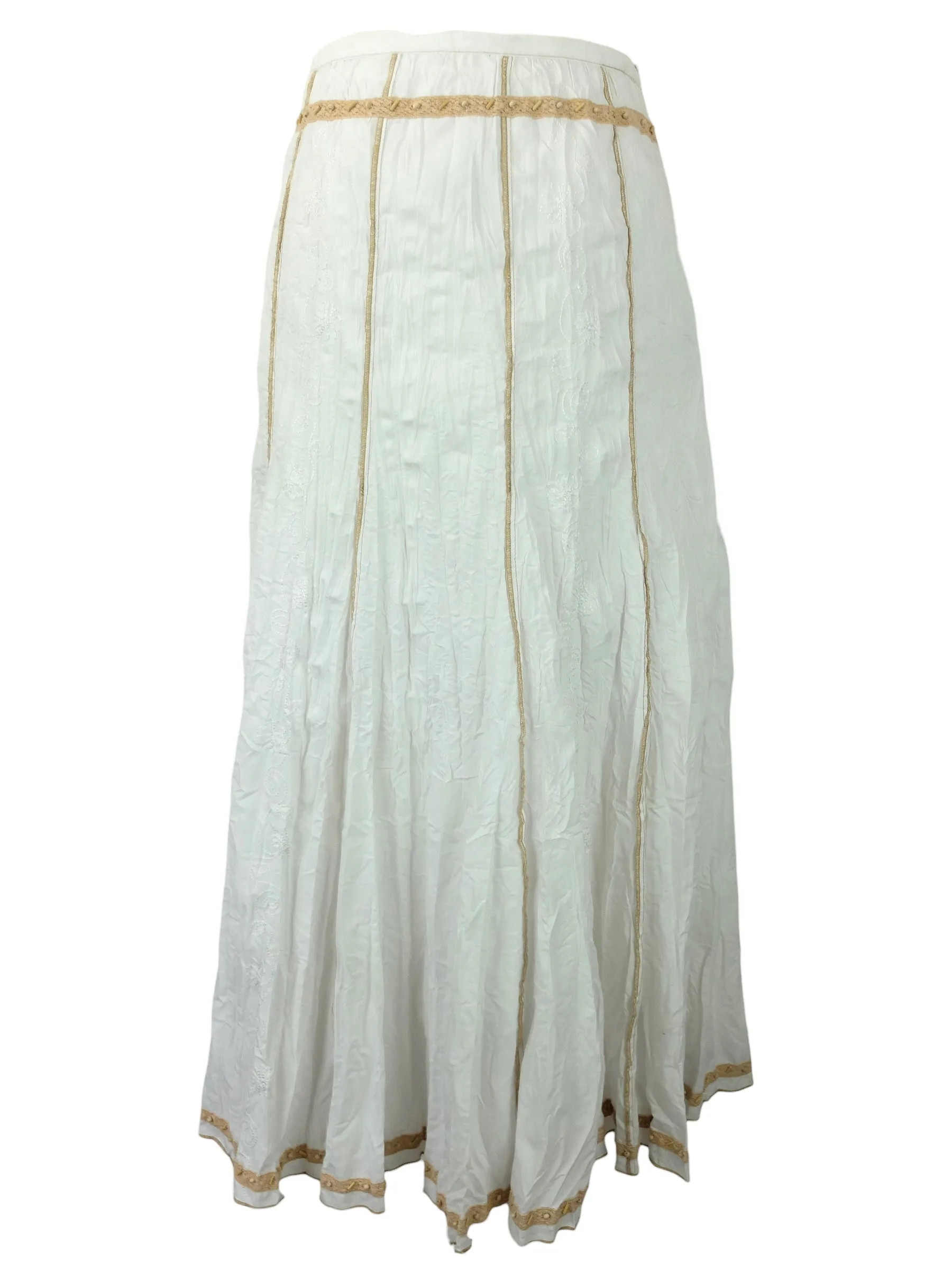 Vintage 2000s Y2K Hippie Milkmaid Cottage Prairie Low Rise White & Beige Crinkle Maxi Skirt | Size S