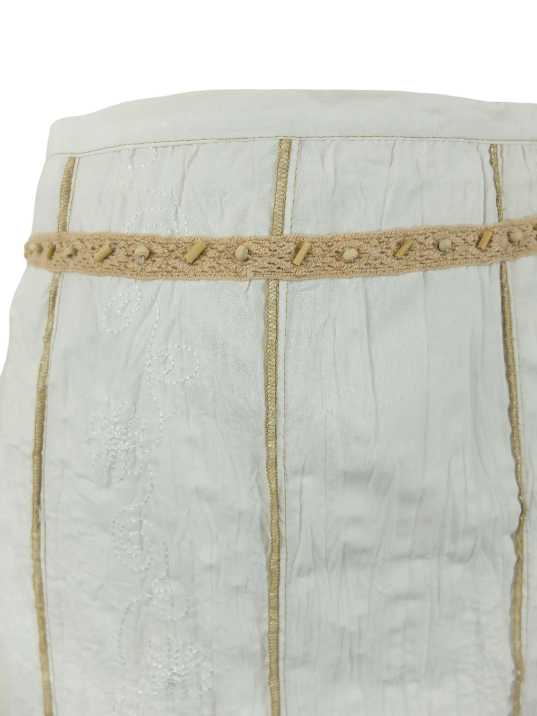 Vintage 2000s Y2K Hippie Milkmaid Cottage Prairie Low Rise White & Beige Crinkle Maxi Skirt | Size S