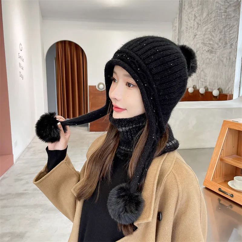 Warm Winter Knit Beanie Hats Wool Cover Cold Protection in Winter Warm Velvet Padded Thickened Fur Ball Ear Protection Unisex
