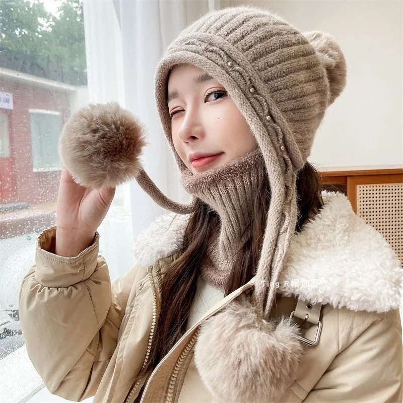 Warm Winter Knit Beanie Hats Wool Cover Cold Protection in Winter Warm Velvet Padded Thickened Fur Ball Ear Protection Unisex