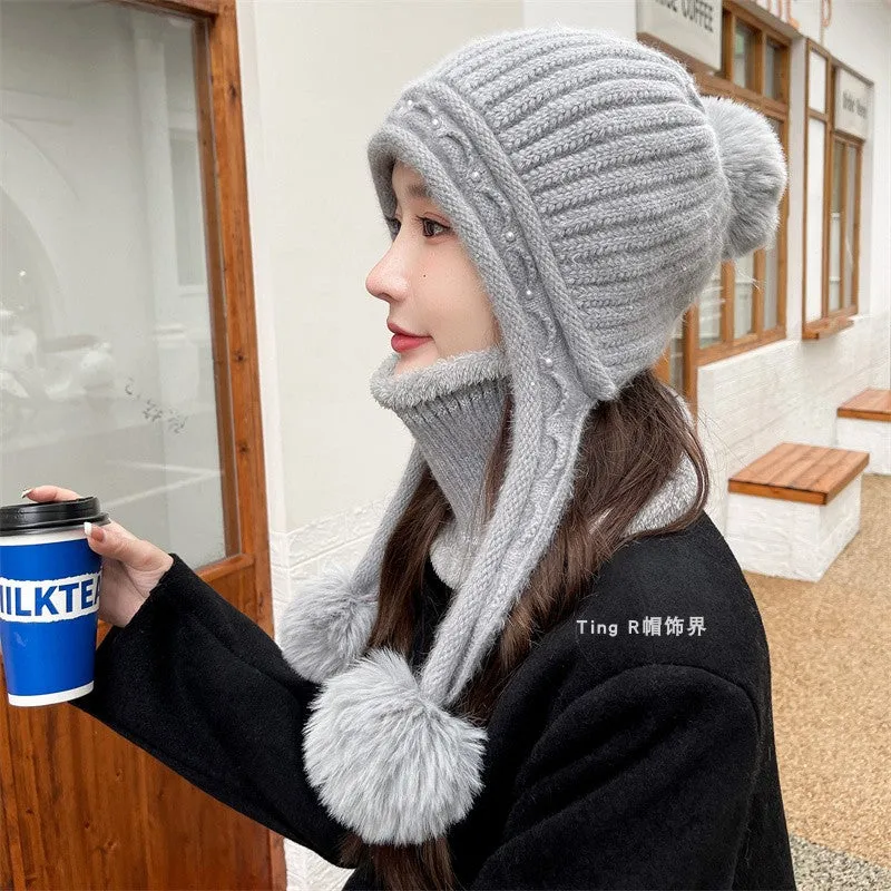 Warm Winter Knit Beanie Hats Wool Cover Cold Protection in Winter Warm Velvet Padded Thickened Fur Ball Ear Protection Unisex