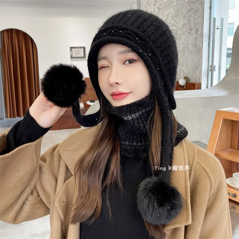Warm Winter Knit Beanie Hats Wool Cover Cold Protection in Winter Warm Velvet Padded Thickened Fur Ball Ear Protection Unisex