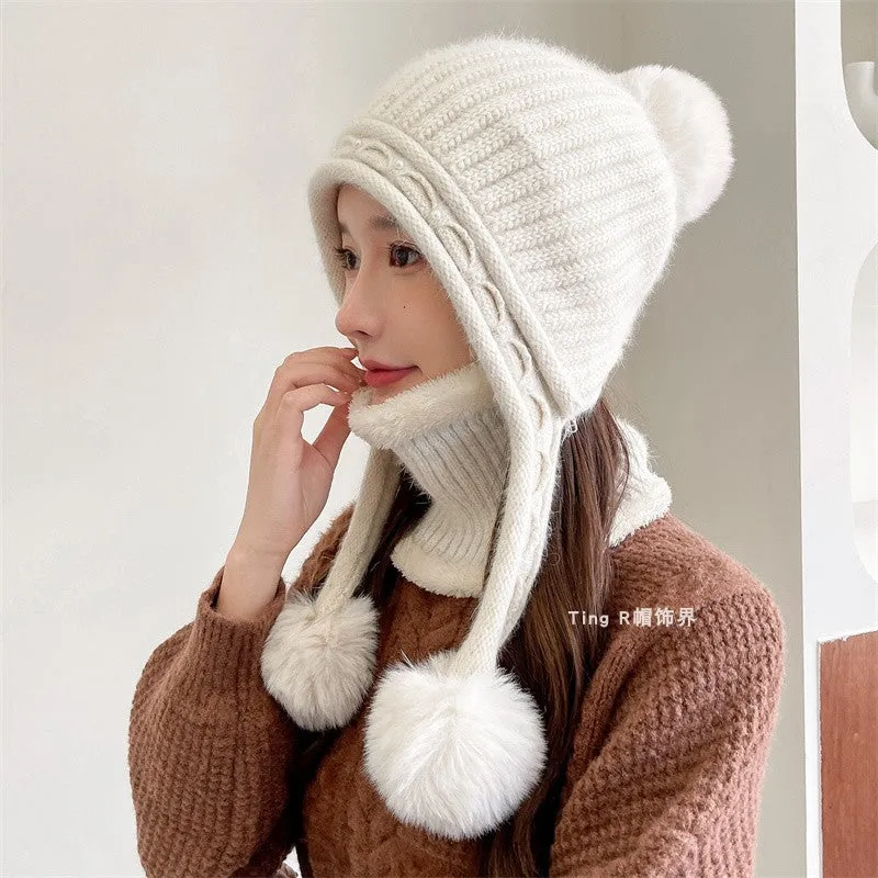 Warm Winter Knit Beanie Hats Wool Cover Cold Protection in Winter Warm Velvet Padded Thickened Fur Ball Ear Protection Unisex