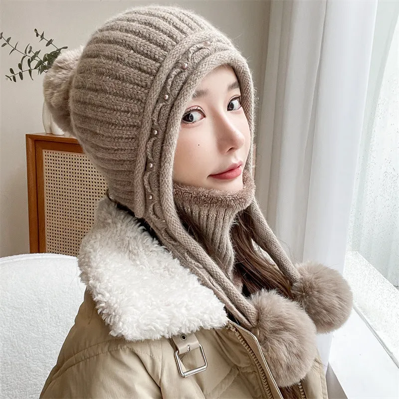 Warm Winter Knit Beanie Hats Wool Cover Cold Protection in Winter Warm Velvet Padded Thickened Fur Ball Ear Protection Unisex