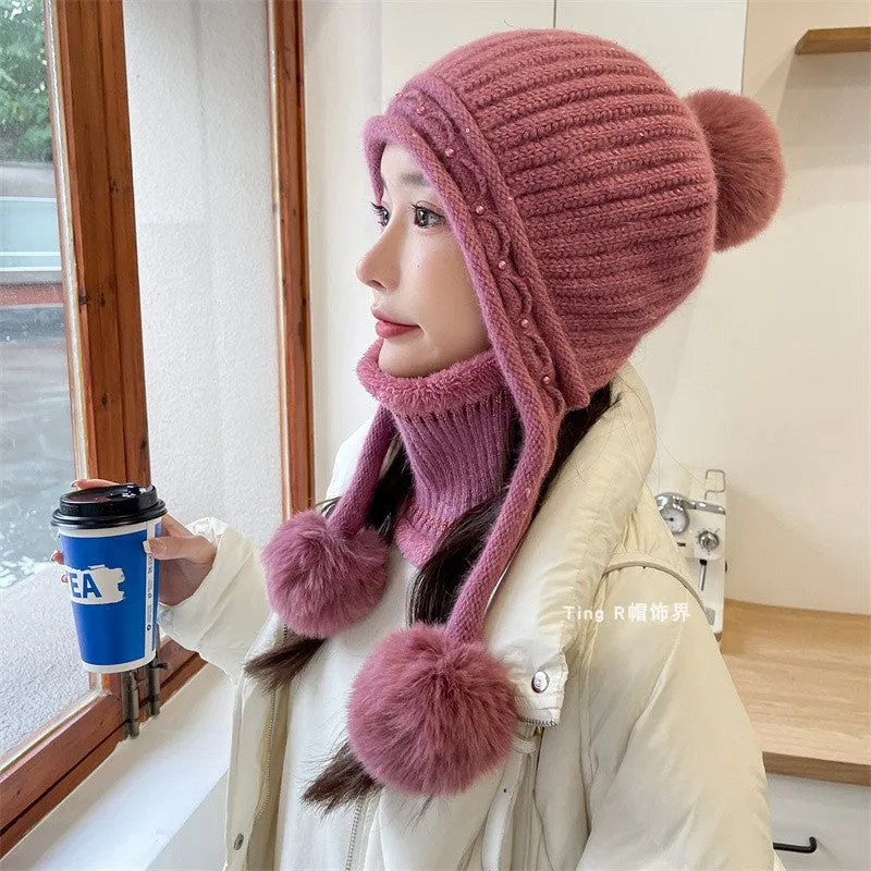 Warm Winter Knit Beanie Hats Wool Cover Cold Protection in Winter Warm Velvet Padded Thickened Fur Ball Ear Protection Unisex