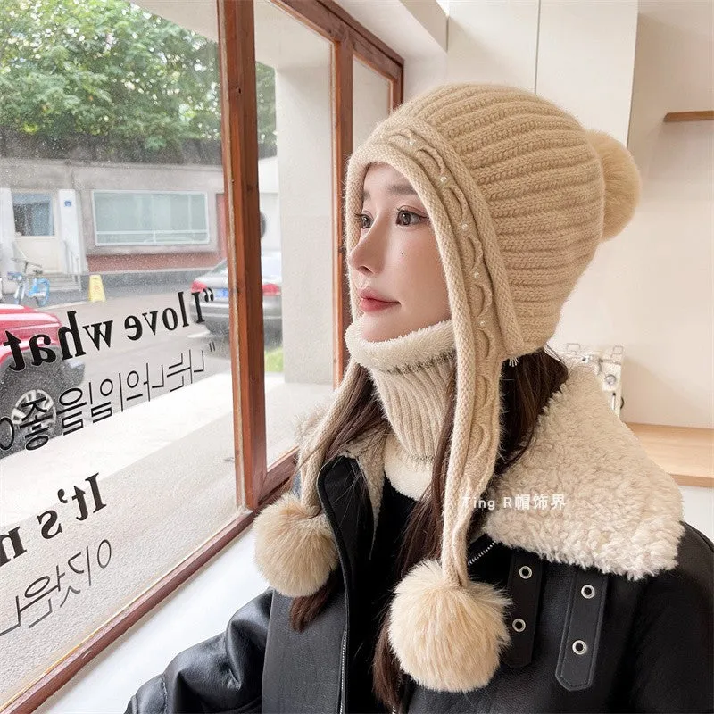 Warm Winter Knit Beanie Hats Wool Cover Cold Protection in Winter Warm Velvet Padded Thickened Fur Ball Ear Protection Unisex