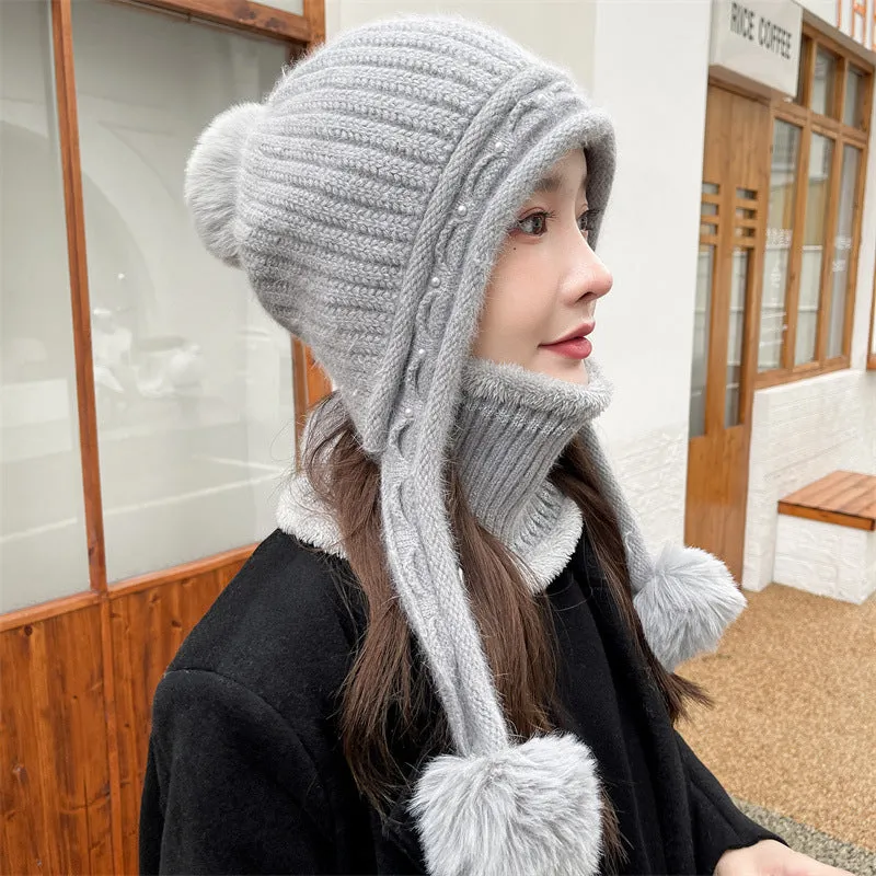 Warm Winter Knit Beanie Hats Wool Cover Cold Protection in Winter Warm Velvet Padded Thickened Fur Ball Ear Protection Unisex