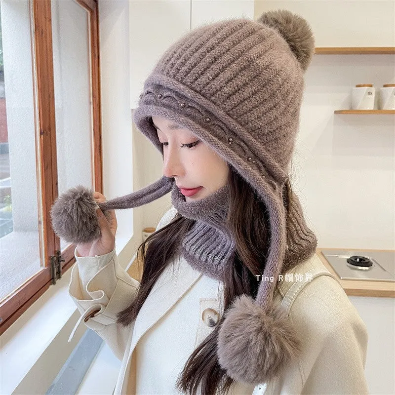Warm Winter Knit Beanie Hats Wool Cover Cold Protection in Winter Warm Velvet Padded Thickened Fur Ball Ear Protection Unisex