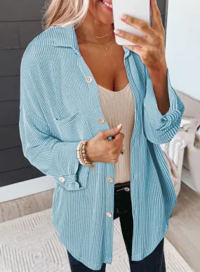 Wholesale Blue Solid Color Roll Tab Sleeve Button Up Shirt Shacket