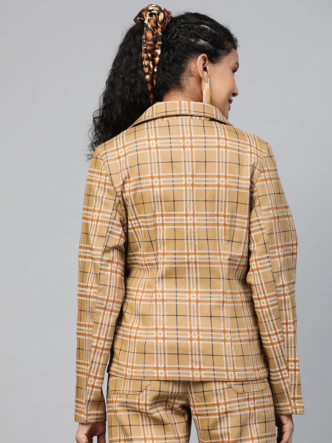Women Beige Check Wrap Twill Blazer