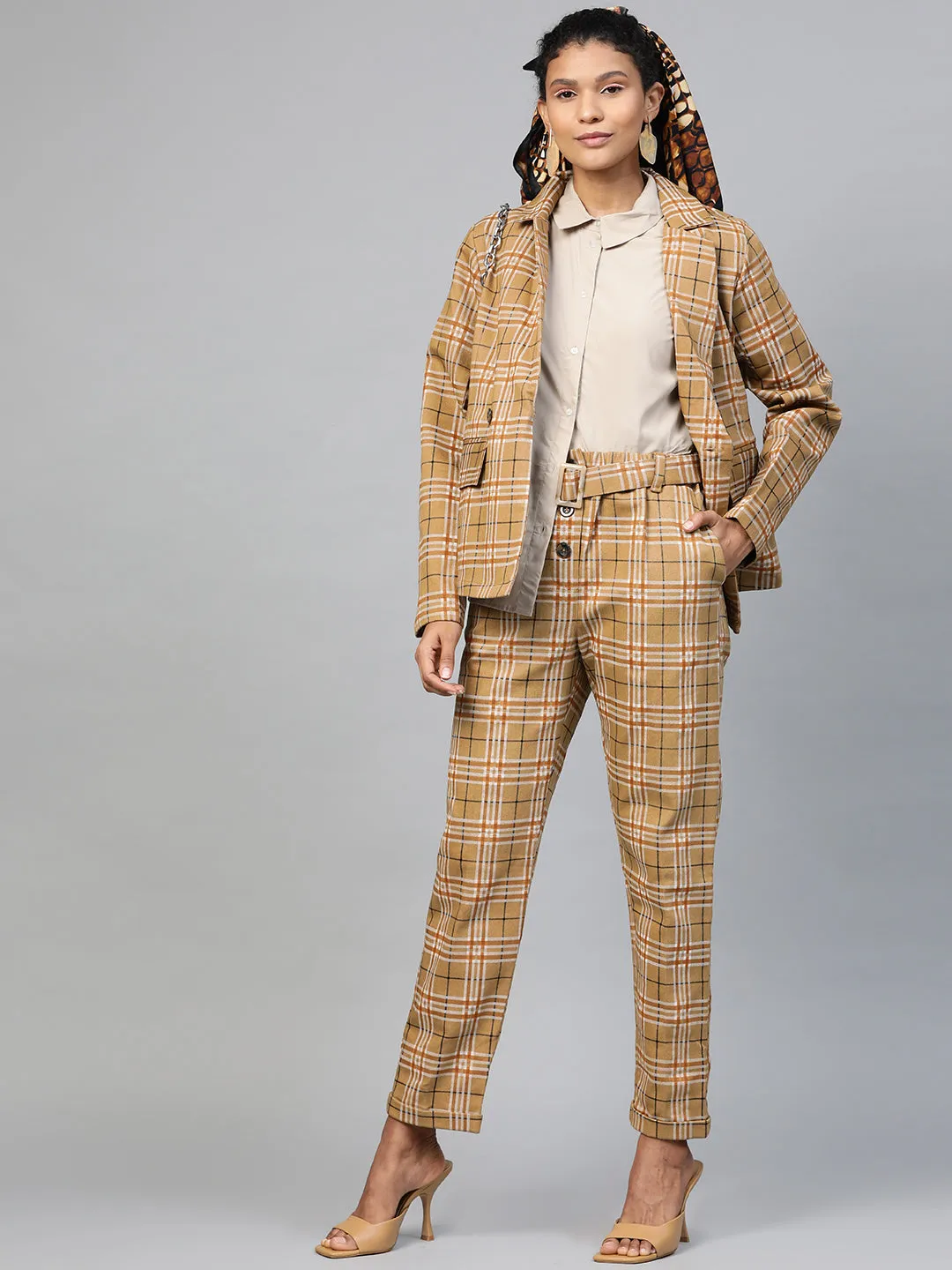 Women Beige Check Wrap Twill Blazer