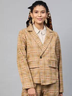 Women Beige Check Wrap Twill Blazer