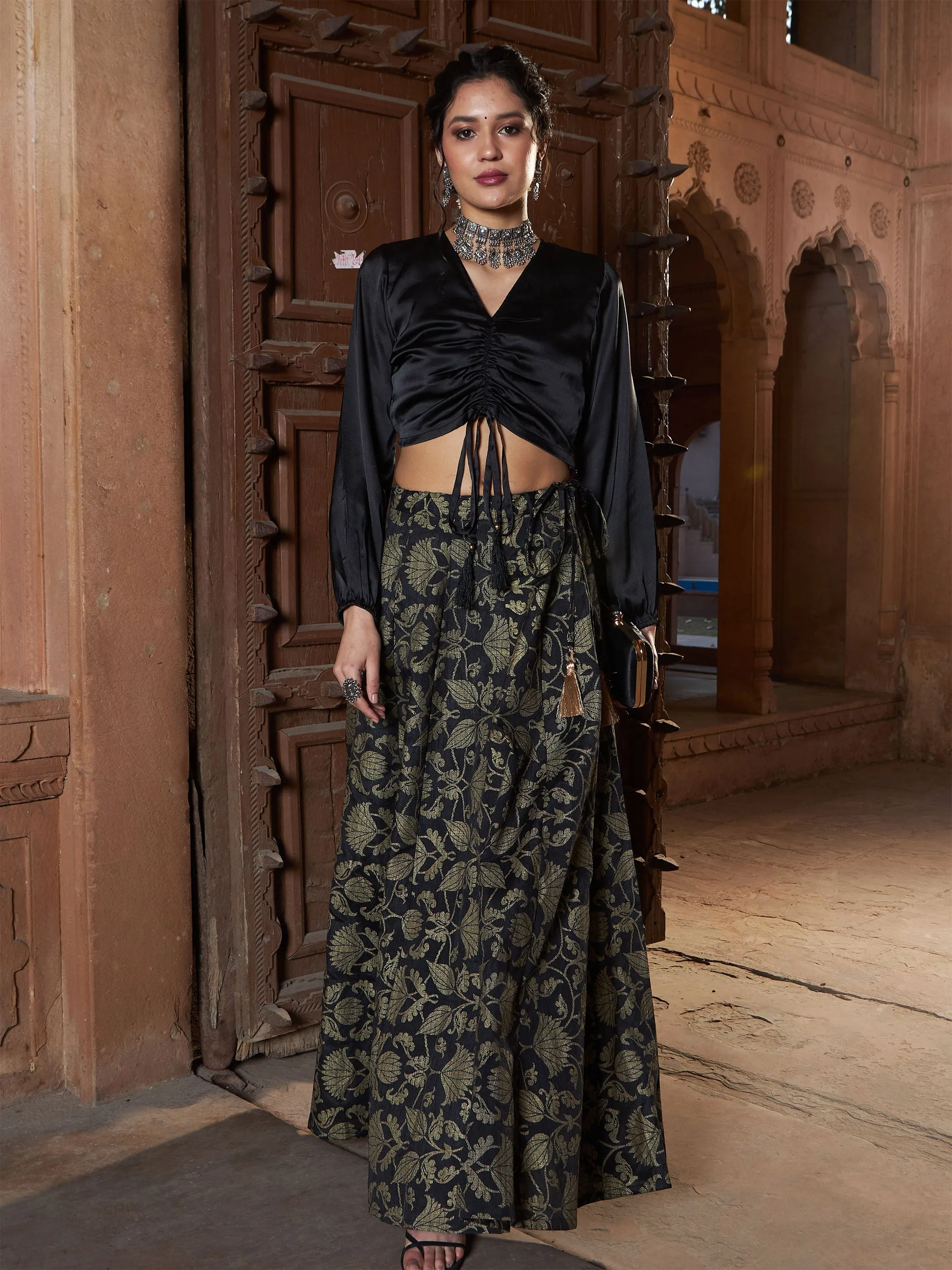 Women Black Brocade Jacquard Anarkali Skirt